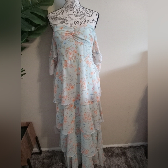 Lulus Charming Passion Mint Green Floral Off-the-Shoulder Maxi Dress Size M - Picture 6 of 10